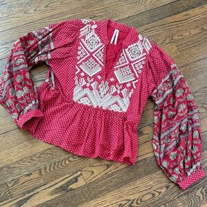 Anthropologie Bohemian Red Patterned Women's Top, 0, embroidered